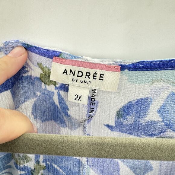 Andree by Unit Garden Floral Ruffle Top Size 2X Blue White Boho Beach Babydoll - Picture 4 of 8
